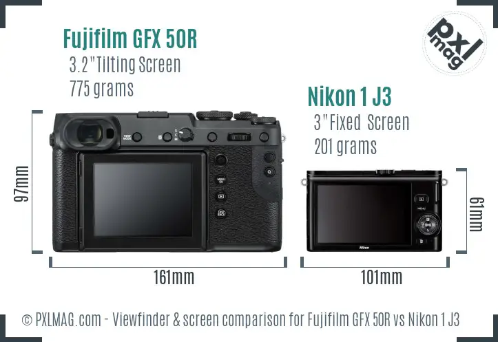 Fujifilm GFX 50R vs Nikon 1 J3 Screen and Viewfinder comparison