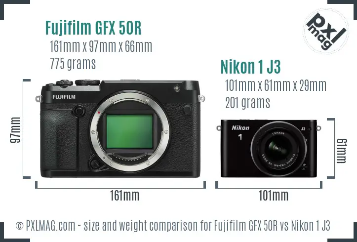 Fujifilm GFX 50R vs Nikon 1 J3 size comparison