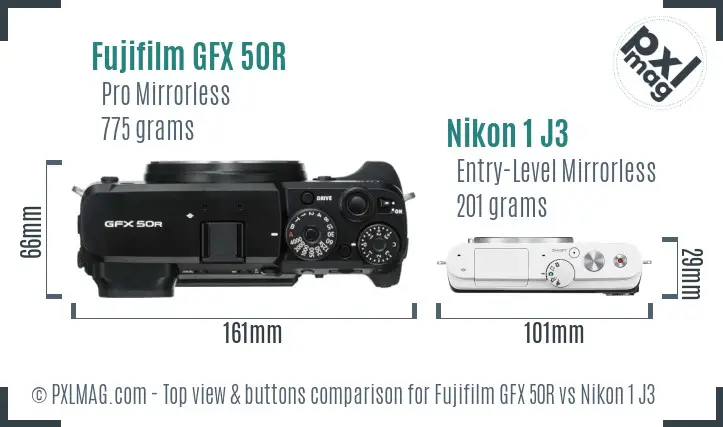 Fujifilm GFX 50R vs Nikon 1 J3 top view buttons comparison