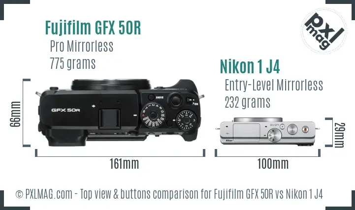 Fujifilm GFX 50R vs Nikon 1 J4 top view buttons comparison