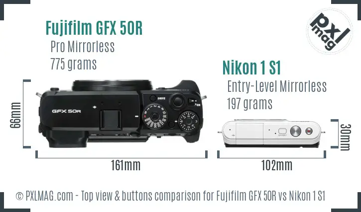 Fujifilm GFX 50R vs Nikon 1 S1 top view buttons comparison