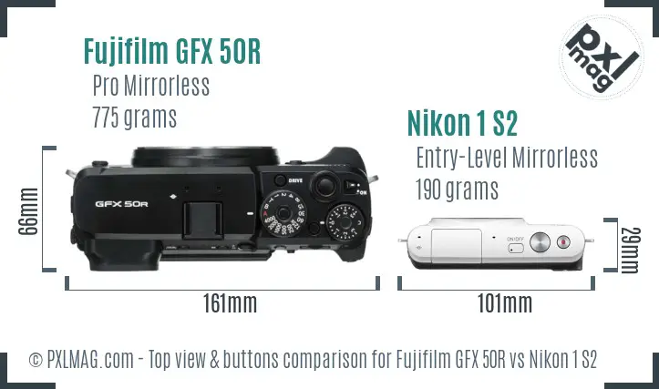 Fujifilm GFX 50R vs Nikon 1 S2 top view buttons comparison