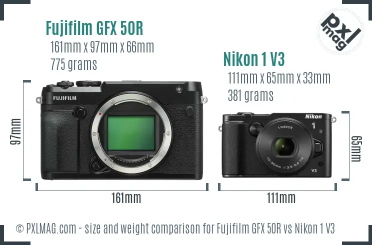 Fujifilm GFX 50R vs Nikon 1 V3 size comparison