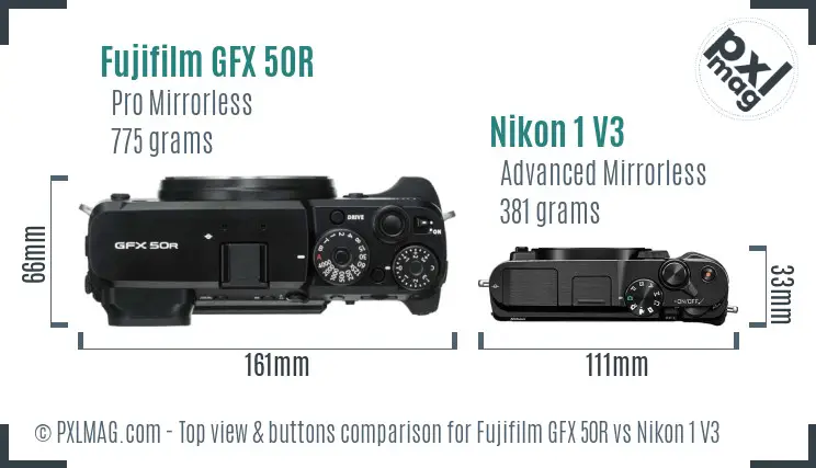 Fujifilm GFX 50R vs Nikon 1 V3 top view buttons comparison