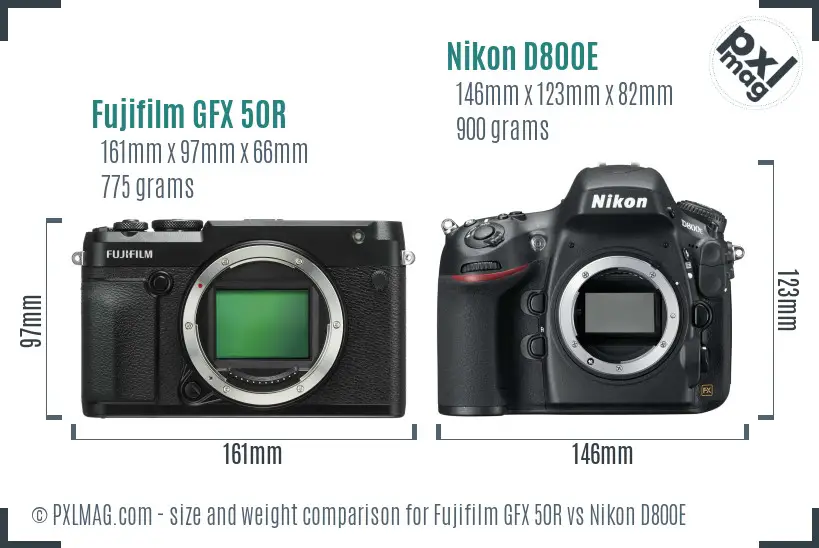Fujifilm GFX 50R vs Nikon D800E size comparison