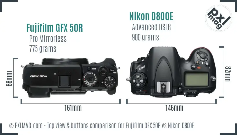 Fujifilm GFX 50R vs Nikon D800E top view buttons comparison