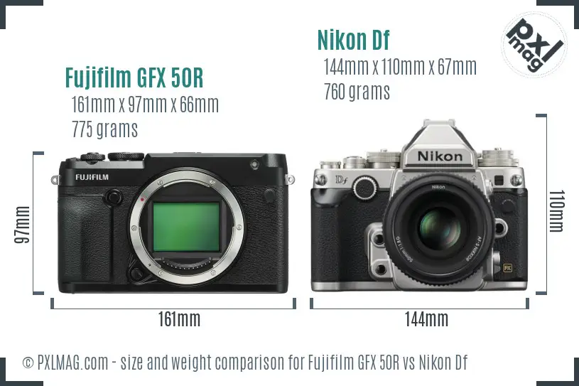 Fujifilm GFX 50R vs Nikon Df size comparison