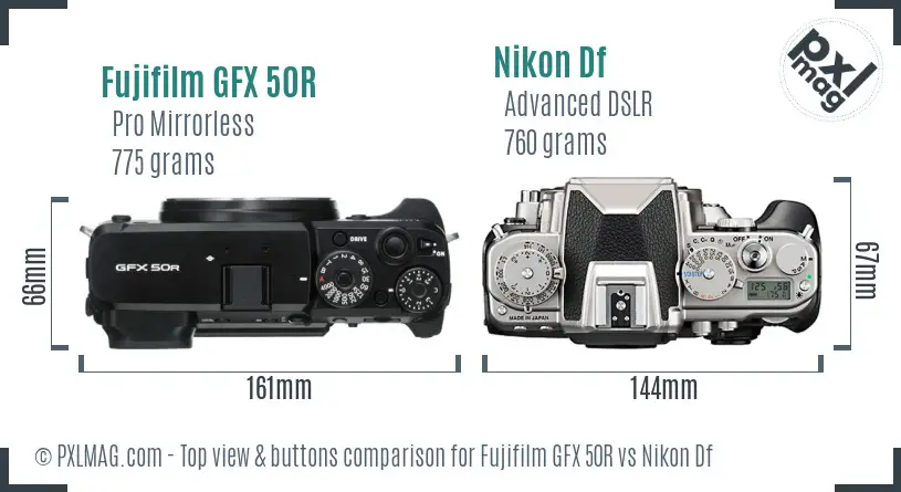 Fujifilm GFX 50R vs Nikon Df top view buttons comparison