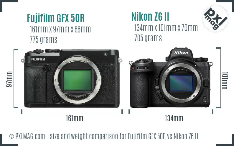 Fujifilm GFX 50R vs Nikon Z6 II size comparison