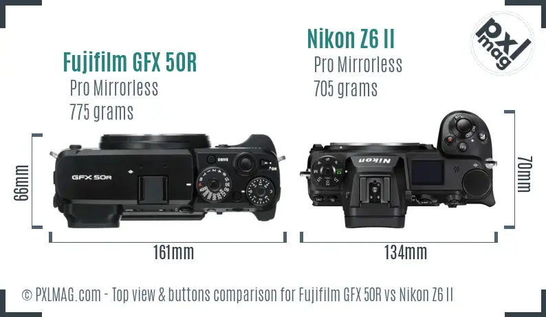 Fujifilm GFX 50R vs Nikon Z6 II top view buttons comparison
