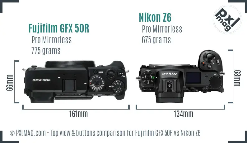 Fujifilm GFX 50R vs Nikon Z6 top view buttons comparison