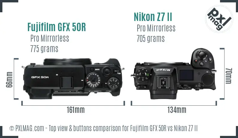 Fujifilm GFX 50R vs Nikon Z7 II top view buttons comparison