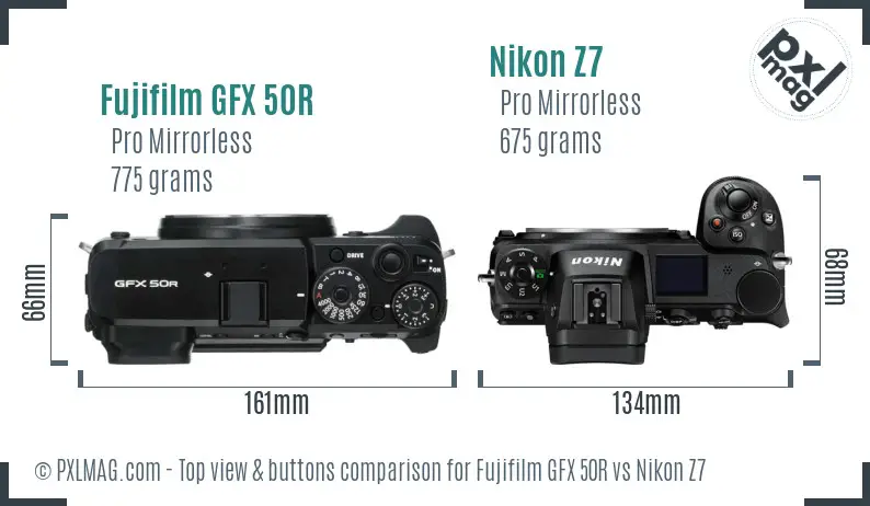 Fujifilm GFX 50R vs Nikon Z7 top view buttons comparison