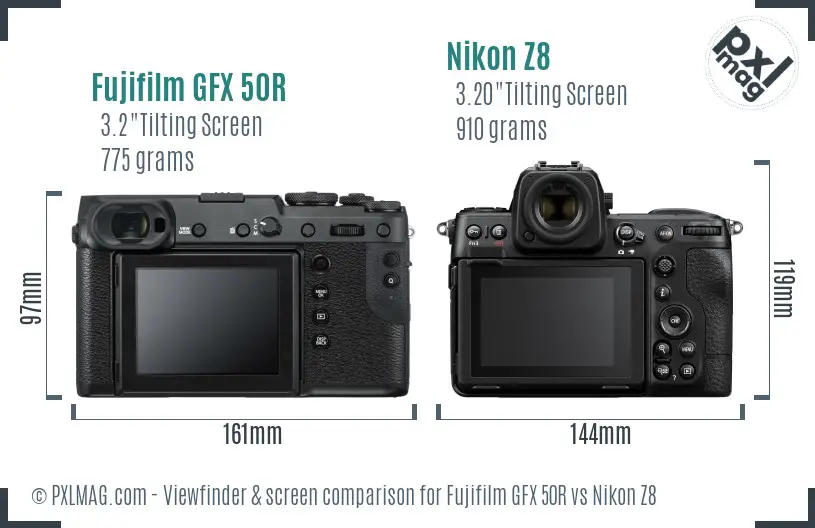 Fujifilm GFX 50R vs Nikon Z8 Screen and Viewfinder comparison