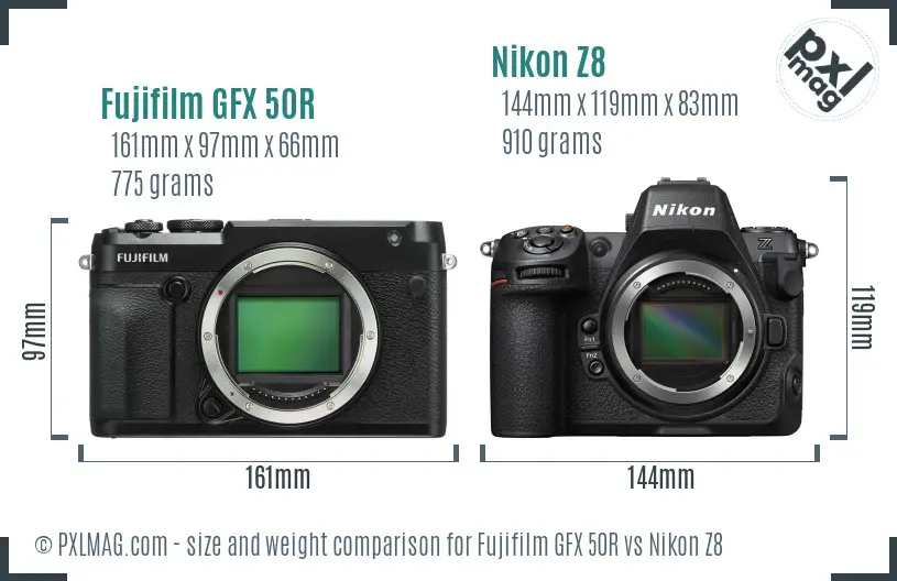 Fujifilm GFX 50R vs Nikon Z8 size comparison