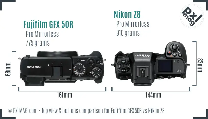 Fujifilm GFX 50R vs Nikon Z8 top view buttons comparison