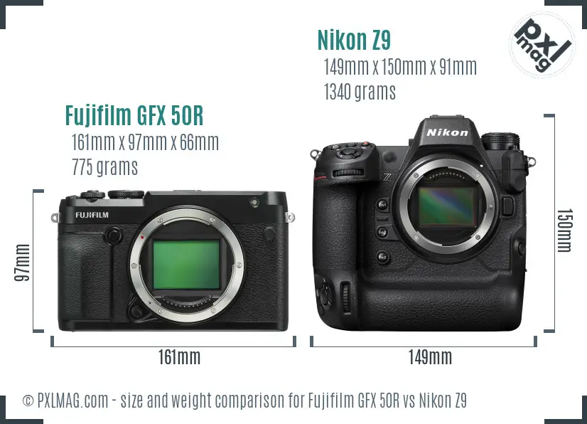 Fujifilm GFX 50R vs Nikon Z9 size comparison