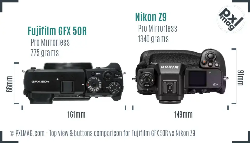 Fujifilm GFX 50R vs Nikon Z9 top view buttons comparison