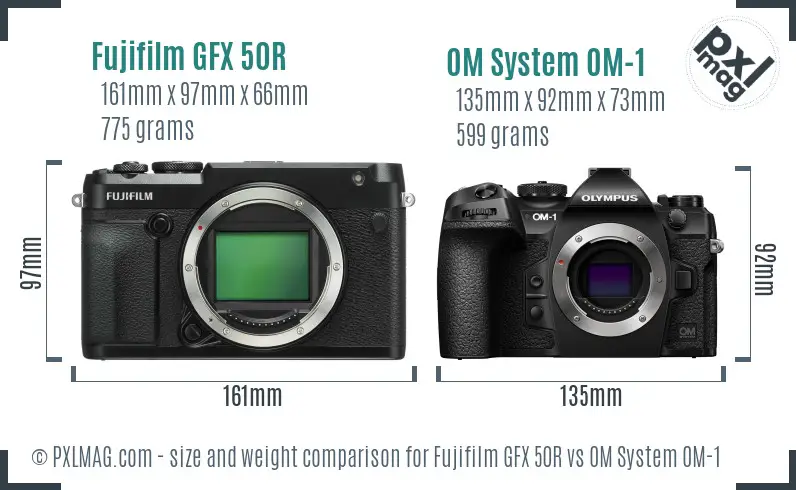Fujifilm GFX 50R vs OM System OM-1 size comparison