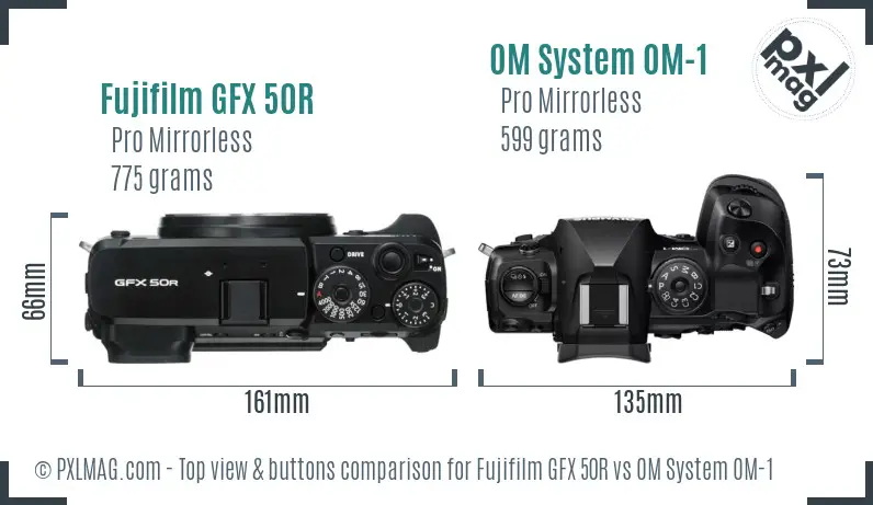 Fujifilm GFX 50R vs OM System OM-1 top view buttons comparison