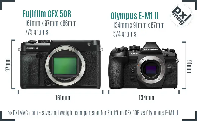 Fujifilm GFX 50R vs Olympus E-M1 II size comparison