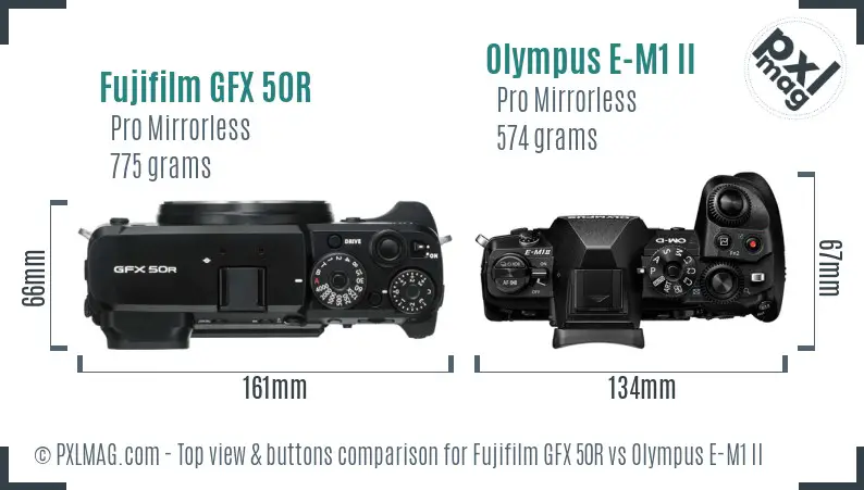 Fujifilm GFX 50R vs Olympus E-M1 II top view buttons comparison