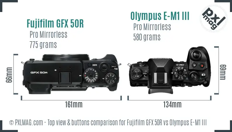 Fujifilm GFX 50R vs Olympus E-M1 III top view buttons comparison