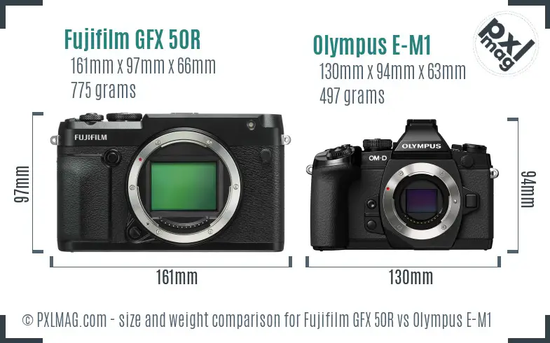 Fujifilm GFX 50R vs Olympus E-M1 size comparison