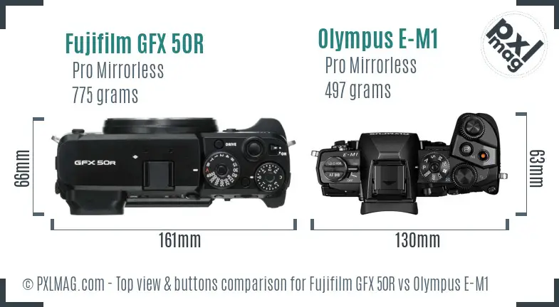 Fujifilm GFX 50R vs Olympus E-M1 top view buttons comparison