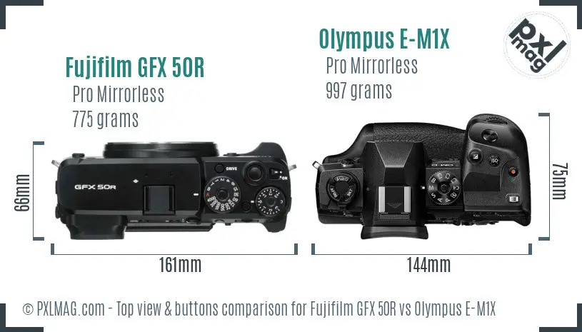 Fujifilm GFX 50R vs Olympus E-M1X top view buttons comparison