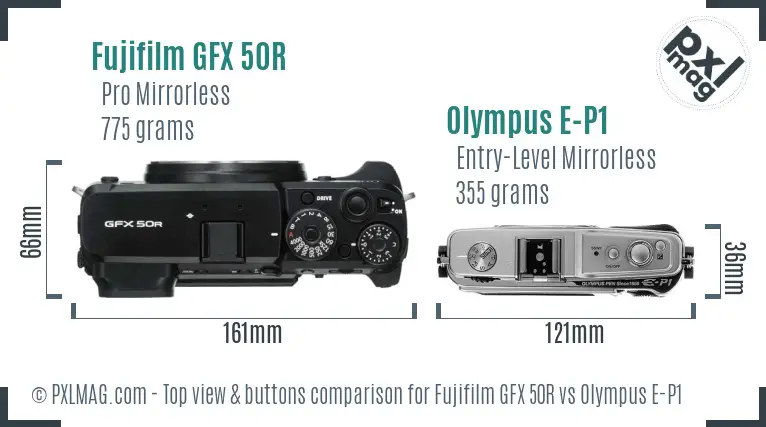 Fujifilm GFX 50R vs Olympus E-P1 top view buttons comparison Fujifilm GFX 50R vs Olympus E-P1 top view buttons comparison