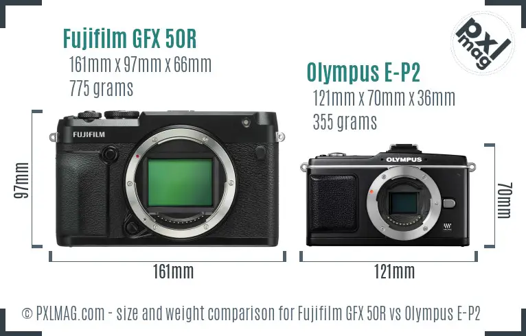 Fujifilm GFX 50R vs Olympus E-P2 size comparison