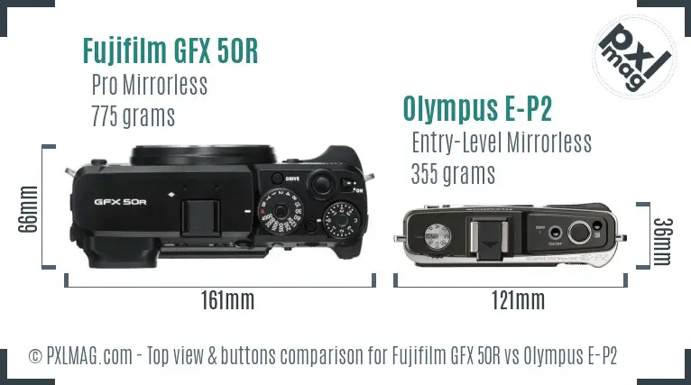 Fujifilm GFX 50R vs Olympus E-P2 top view buttons comparison