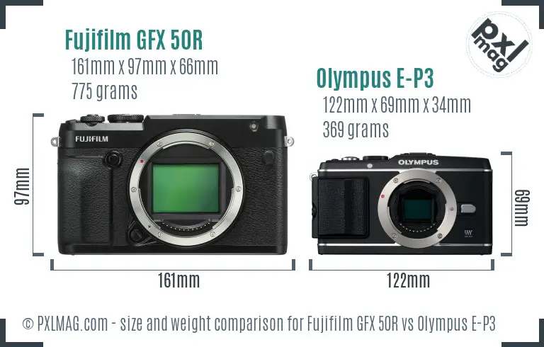 Fujifilm GFX 50R vs Olympus E-P3 size comparison