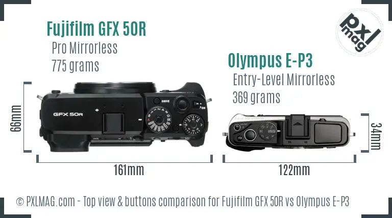Fujifilm GFX 50R vs Olympus E-P3 top view buttons comparison