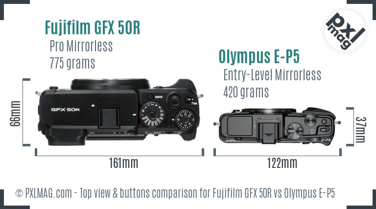 Fujifilm GFX 50R vs Olympus E-P5 top view buttons comparison
