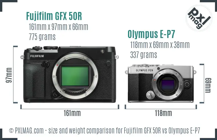 Fujifilm GFX 50R vs Olympus E-P7 size comparison