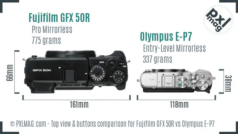 Fujifilm GFX 50R vs Olympus E-P7 top view buttons comparison