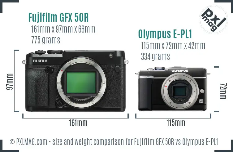Fujifilm GFX 50R vs Olympus E-PL1 size comparison