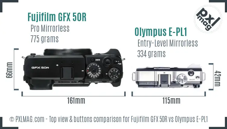 Fujifilm GFX 50R vs Olympus E-PL1 top view buttons comparison