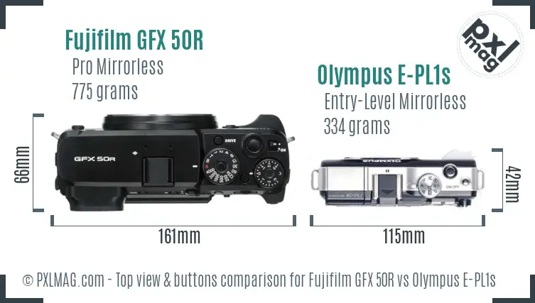 Fujifilm GFX 50R vs Olympus E-PL1s top view buttons comparison