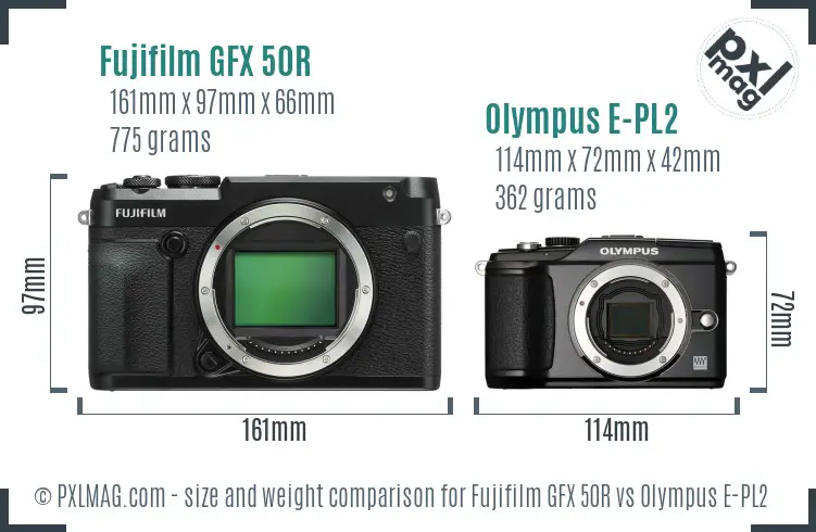 Fujifilm GFX 50R vs Olympus E-PL2 size comparison
