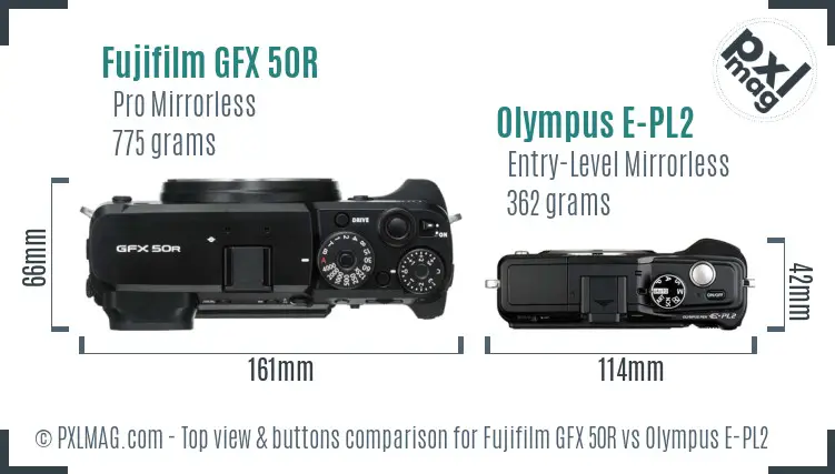 Fujifilm GFX 50R vs Olympus E-PL2 top view buttons comparison