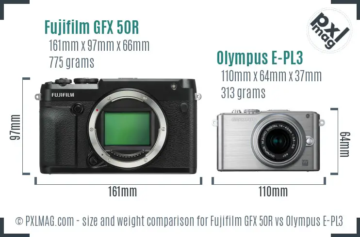 Fujifilm GFX 50R vs Olympus E-PL3 size comparison
