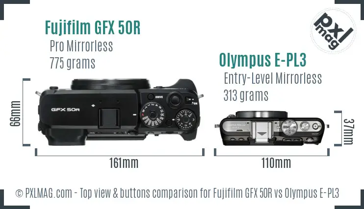 Fujifilm GFX 50R vs Olympus E-PL3 top view buttons comparison