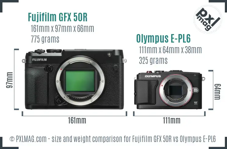 Fujifilm GFX 50R vs Olympus E-PL6 size comparison