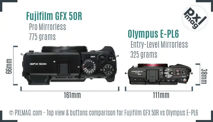 Fujifilm GFX 50R vs Olympus E-PL6 top view buttons comparison