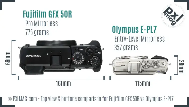 Fujifilm GFX 50R vs Olympus E-PL7 top view buttons comparison