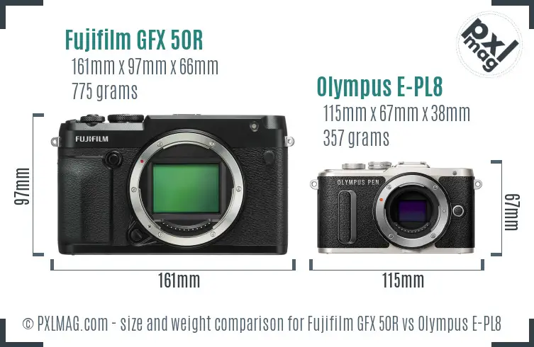 Fujifilm GFX 50R vs Olympus E-PL8 size comparison Fujifilm GFX 50R vs Olympus E-PL8 size comparison