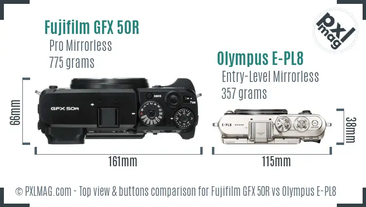 Fujifilm GFX 50R vs Olympus E-PL8 top view buttons comparison Fujifilm GFX 50R vs Olympus E-PL8 top view buttons comparison
